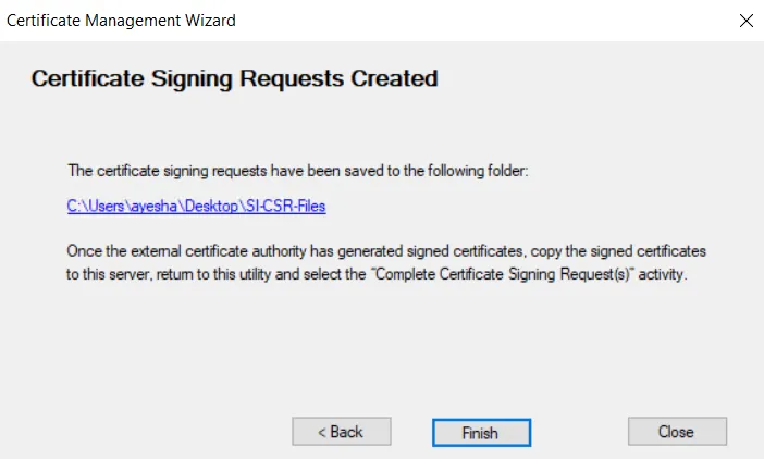 Certificate Management Wizard on the Certificate Signing Requests Created page