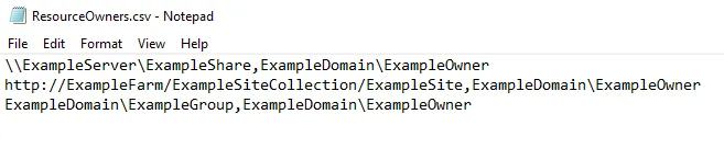Example CSV File showing file system, SharePoint, and group resource formats