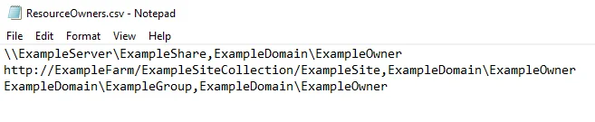 Example CSV File showing file system, SharePoint, and group resource formats