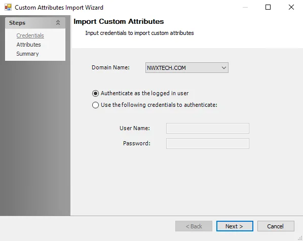 Custom Attributes Import Wizard Credentials page