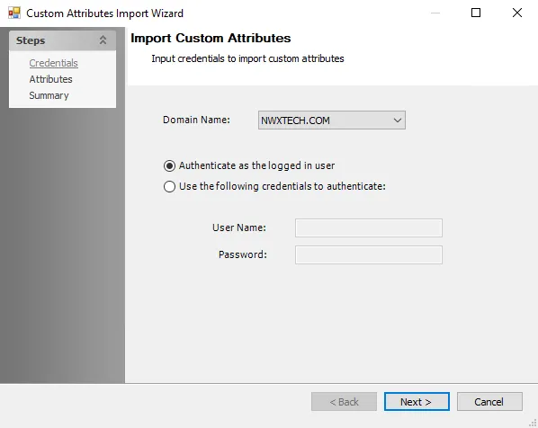 Custom Attributes Import Wizard Credentials page