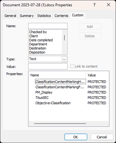 Custom document properties in the Advanced Properties dialog