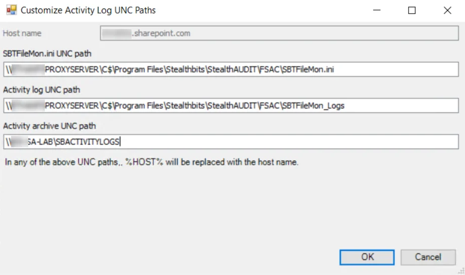 Customize Activity Log UNC Paths Window