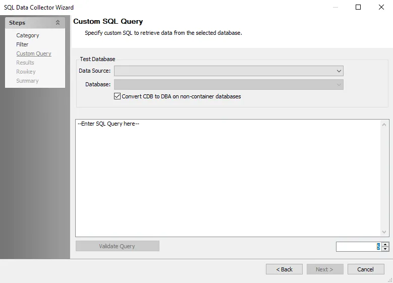 SQL Data Collector Wizard Custom Query page for a Custom Oracle Query