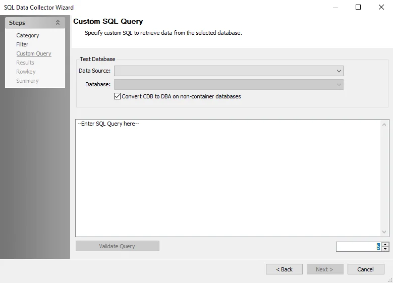 SQL Data Collector Wizard Custom Query page for a Custom Oracle Query