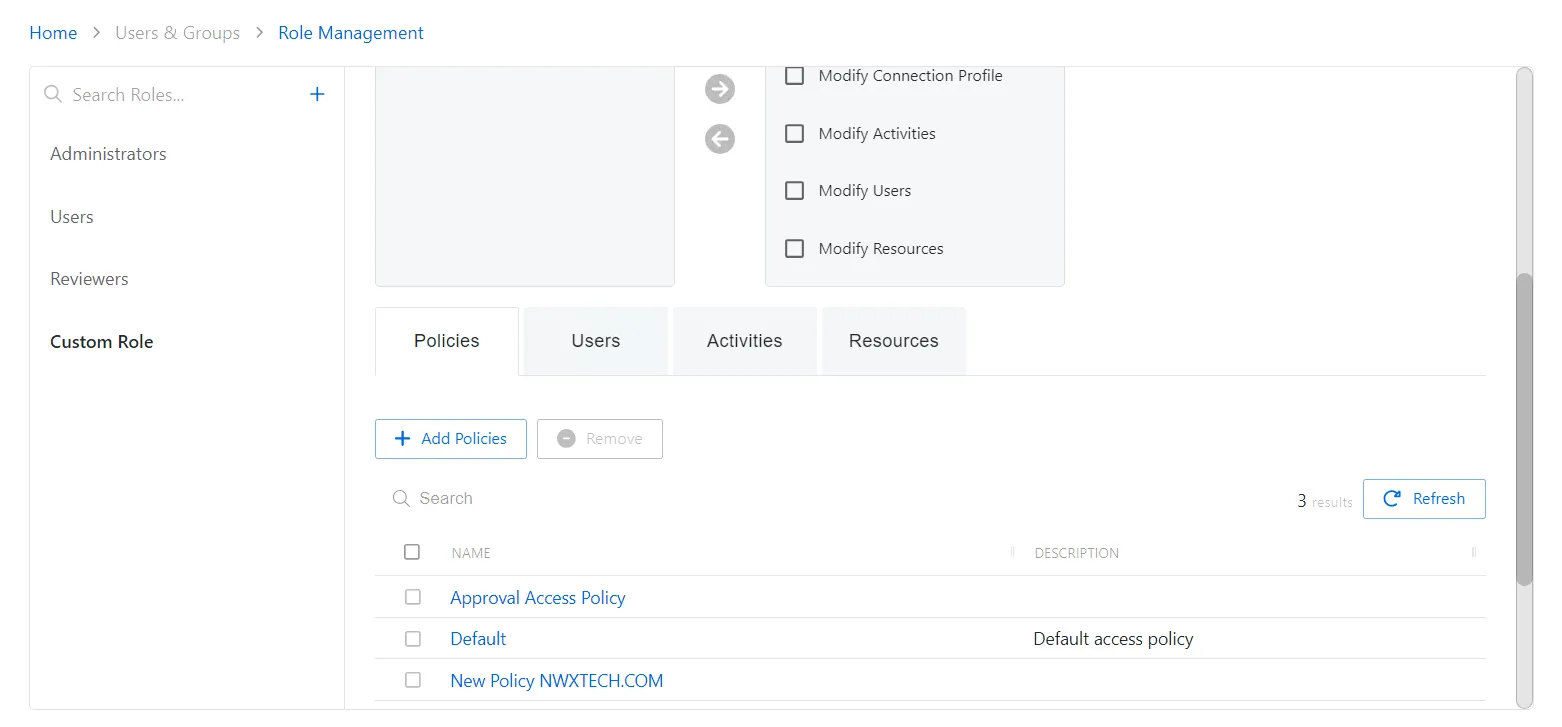 Policies Tab for Custom Roles