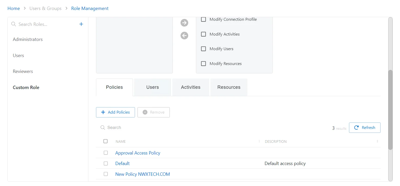Policies Tab for Custom Roles