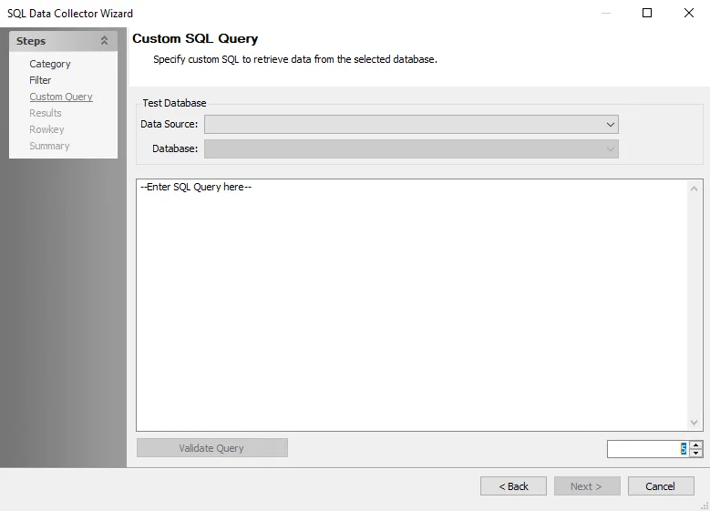 SQL Data Collector Wizard Custom SQL Query Page