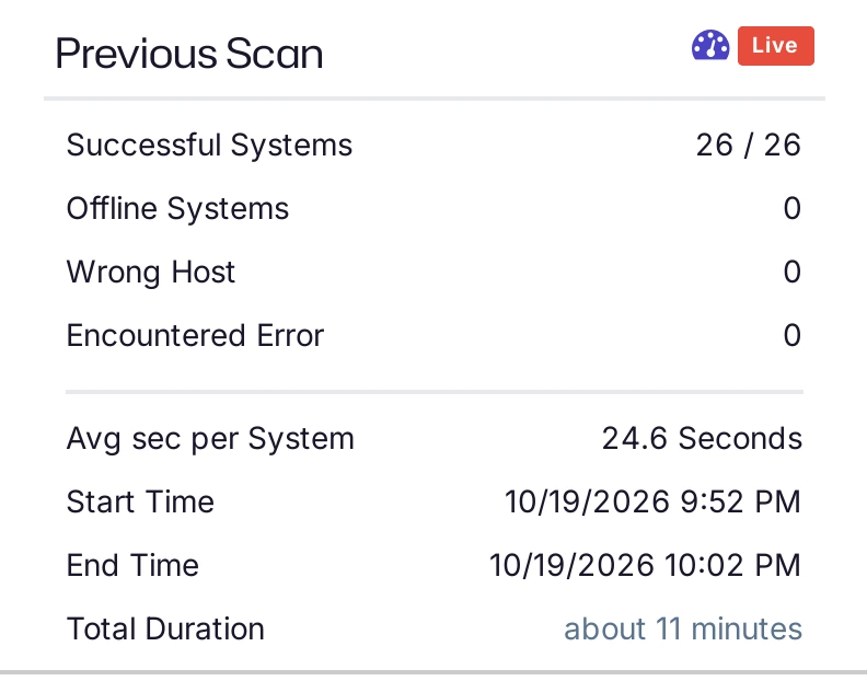 The Previous Scan view showing result counts, average time per system, start and end times, and total duration