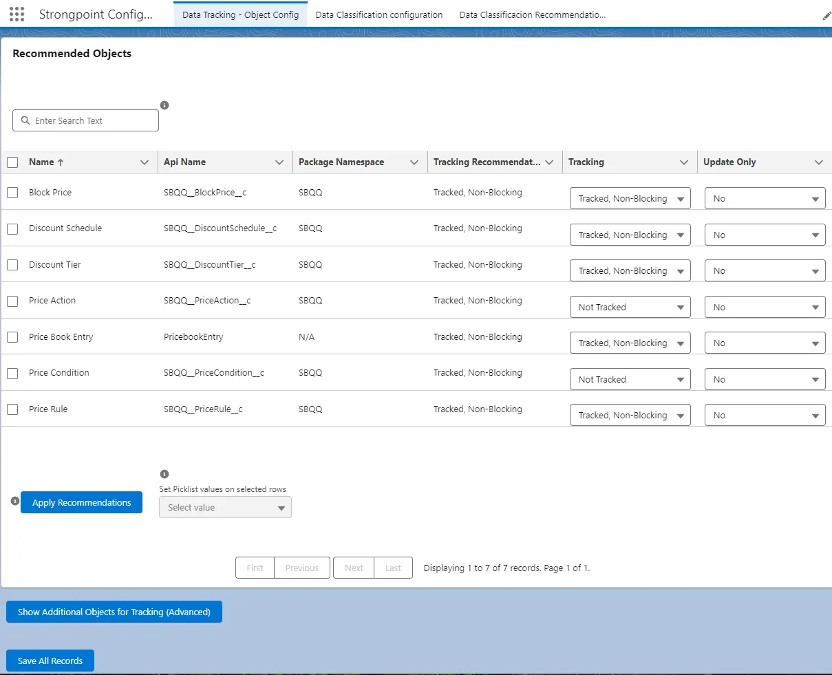 Review the recommended objects for data tracking
