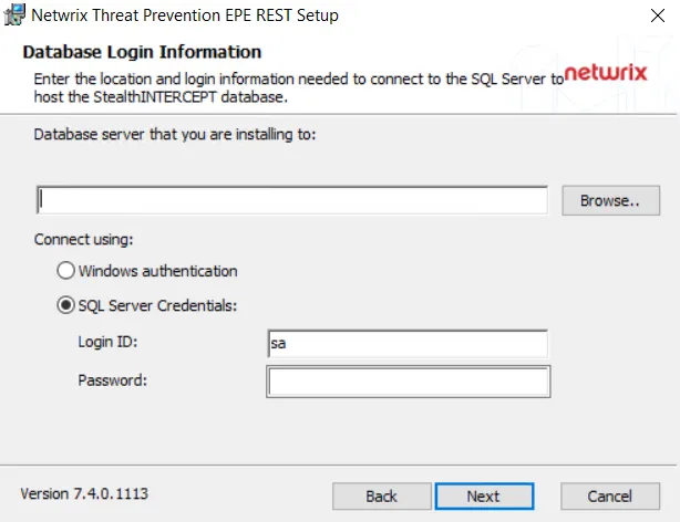 Configuration interface showing the Database page