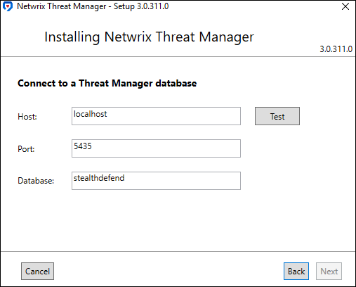 Netwrix Threat Manager Setup wizard Connect to the Database page