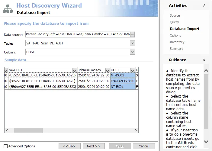 Host Discovery Wizard Database Import page
