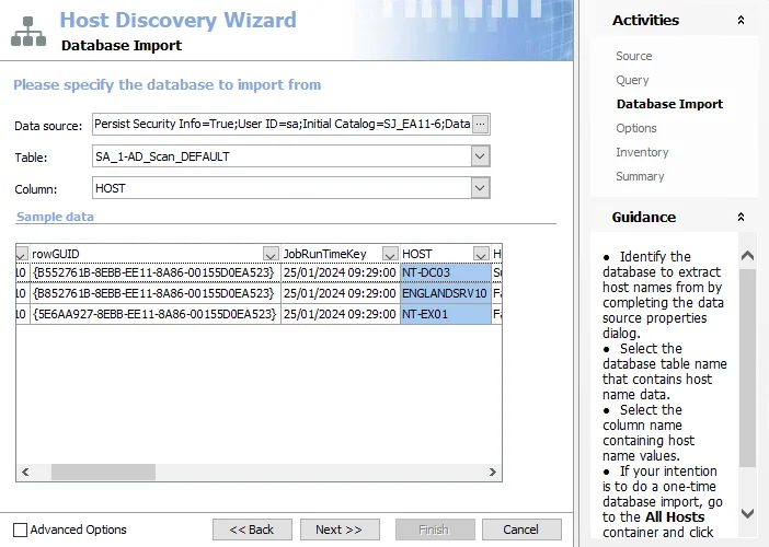 Host Discovery Wizard Database Import page