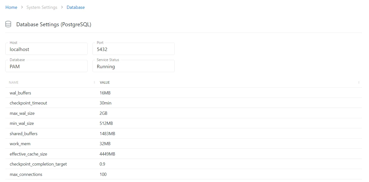 Configuration system settings Database Page