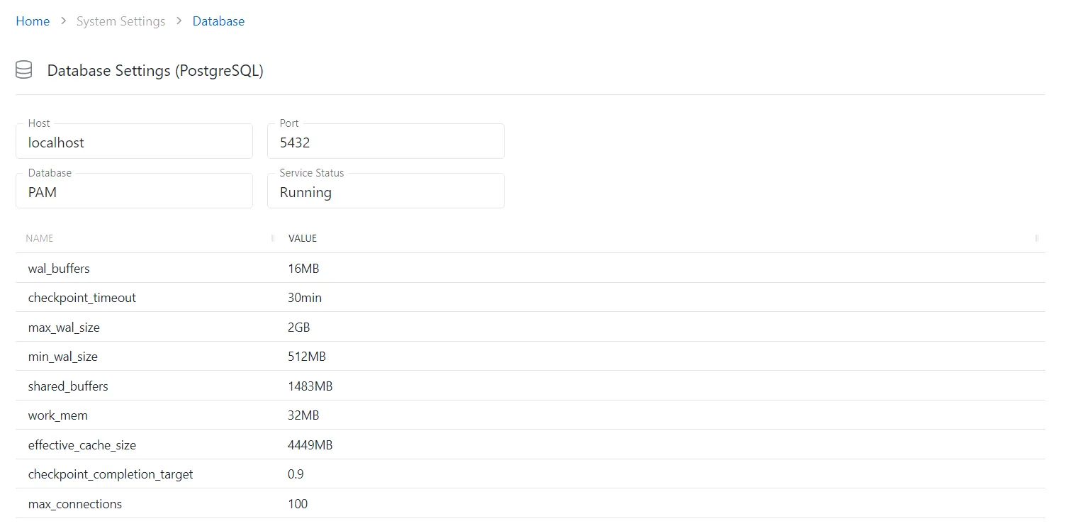 Configuration system settings Database Page