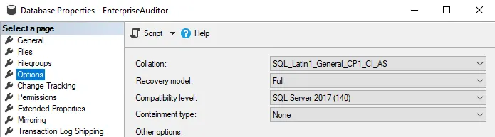 SQL Server Management Studio Database Properties window