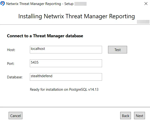 Netwrix Threat Mannager Reporting Setup wizard on the Database page showing Ready for installation message