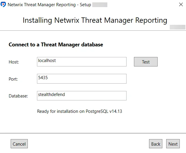 Netwrix Threat Mannager Reporting Setup wizard on the Database page showing Ready for installation message