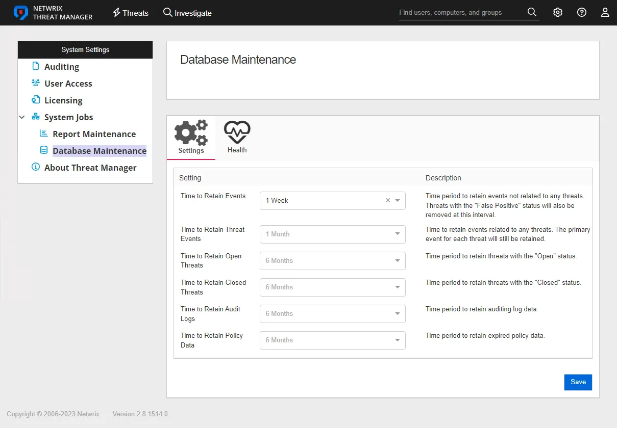 System Settings interface on the System Jobs page showing the Database Maintenance job Settings tab