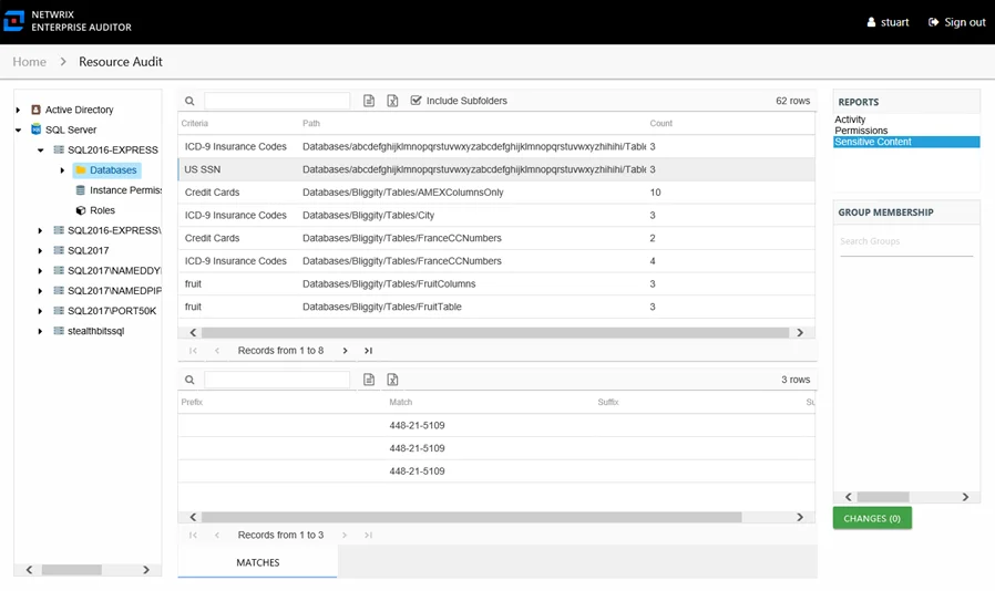 Sensitive Content report at the Databases node
