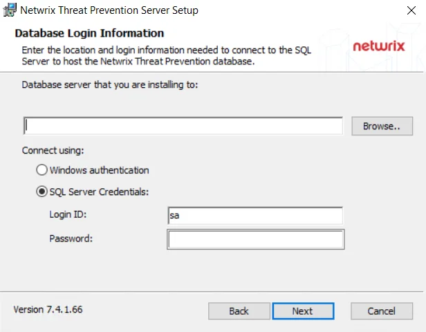 Threat Prevention Server Setup wizard - Database Login Information page