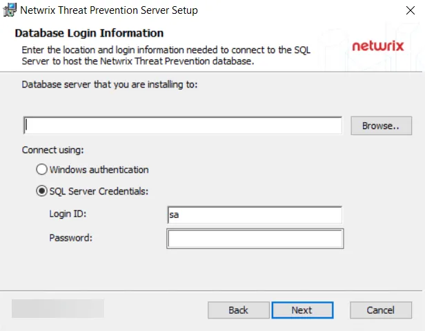 Threat Prevention Server Setup wizard - Database Login Information page