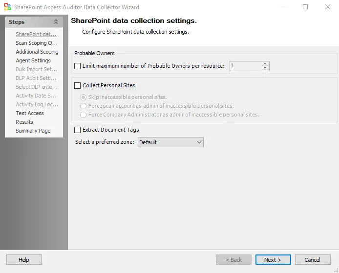SharePoint data collection settings page