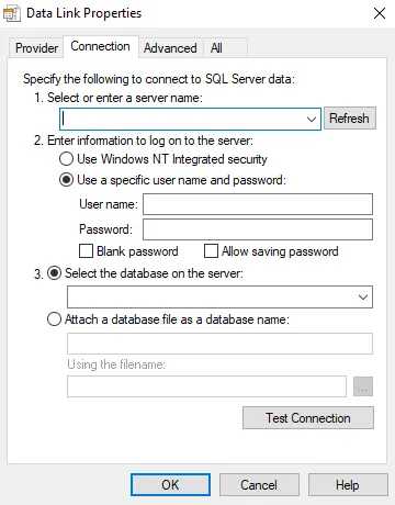 Data Link Properties window Connection tab