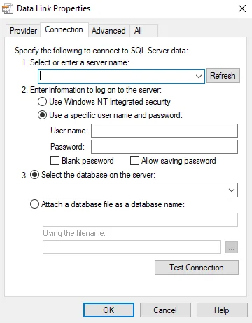 Data Link Properties window Connection tab