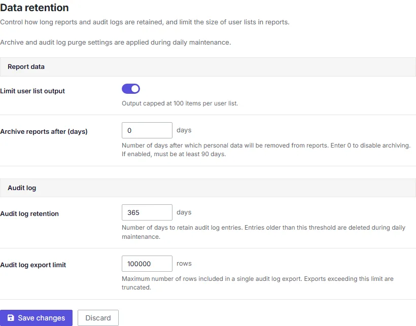 A screenshot of the Data retention settings tab, showing report archiving and audit log retention fields.