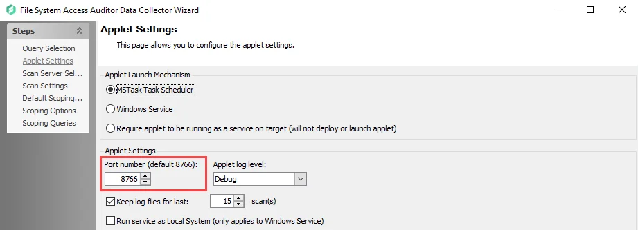Port number on File System Access Auditor Data Collector Wizard Applet Settings page