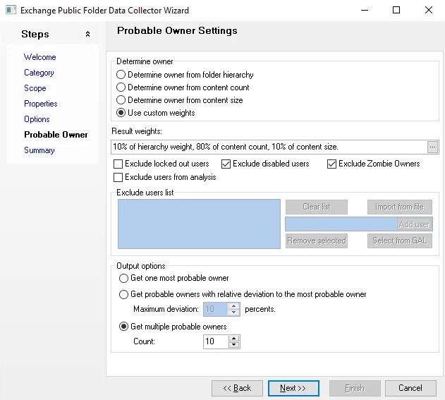 Exchange Public Folder Data Collector Wizard Probable Owner Settings page