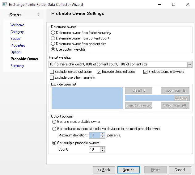 Exchange Public Folder Data Collector Wizard Probable Owner Settings page