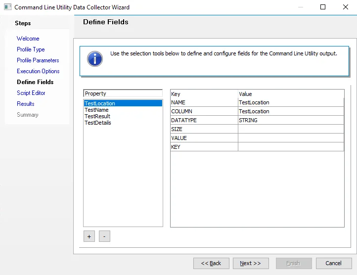 Command Line Utility Data Collector Wizard Define Fields page