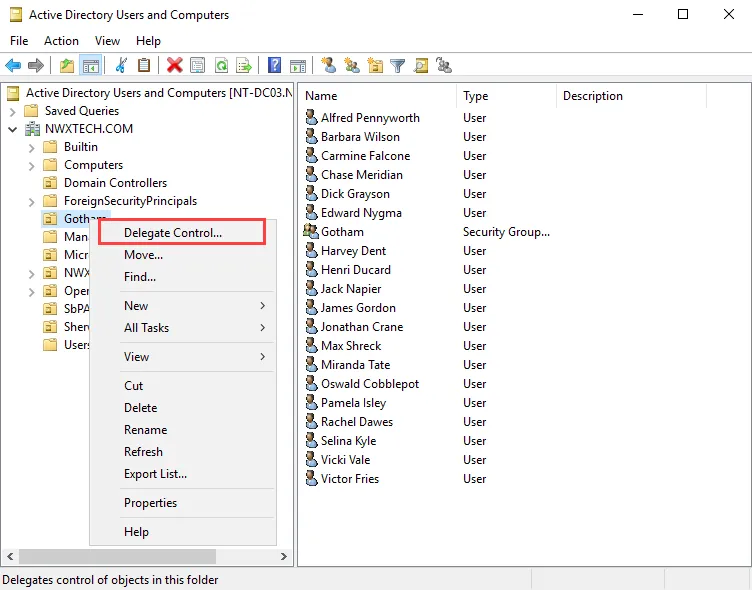 Active Directory Users and Computers showing right-click menu