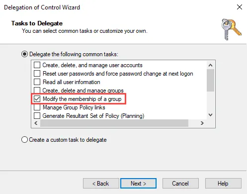 Delegation of Control wizard showing the Tasks to Delegate page