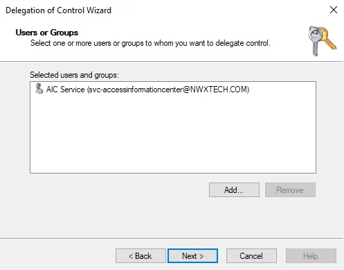 Delegation of Control wizard showing the Users or Groups page