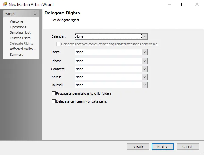 New Mailbox Action Wizard Delegate Rights page