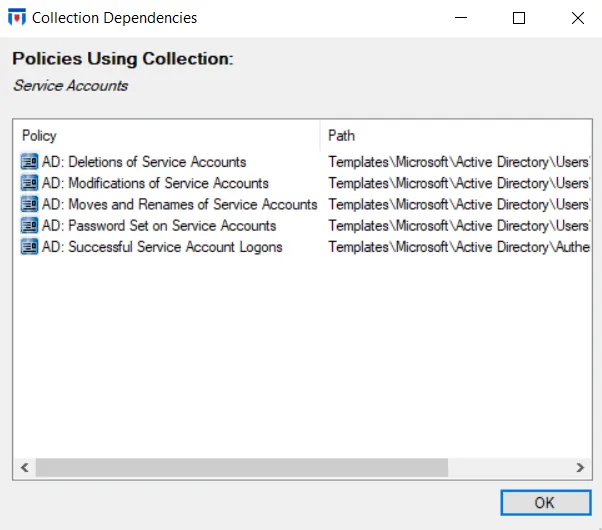 Collection Dependencies Window