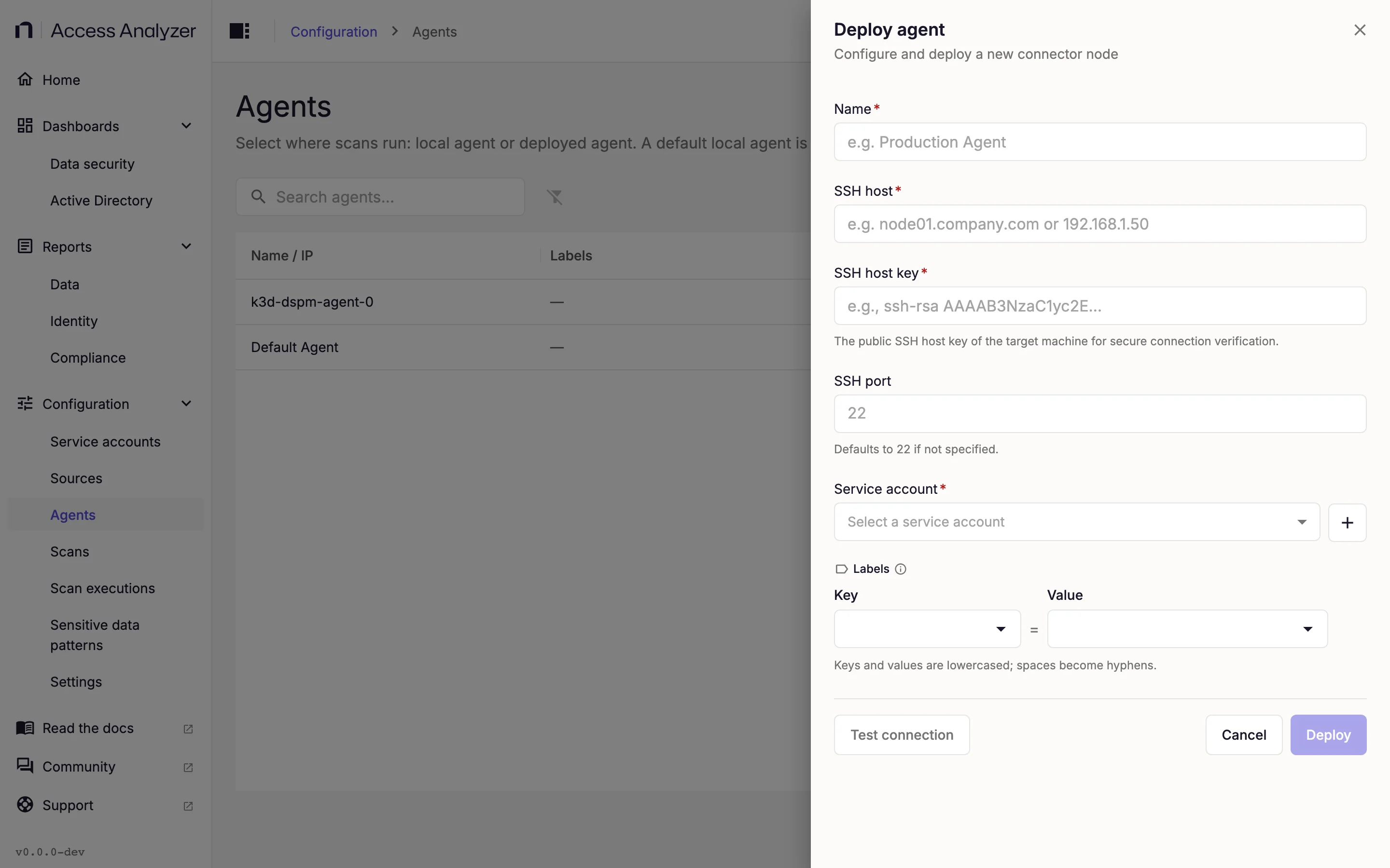 Deploy agent panel with Name, SSH host, SSH host key, SSH port, Service account, and Labels