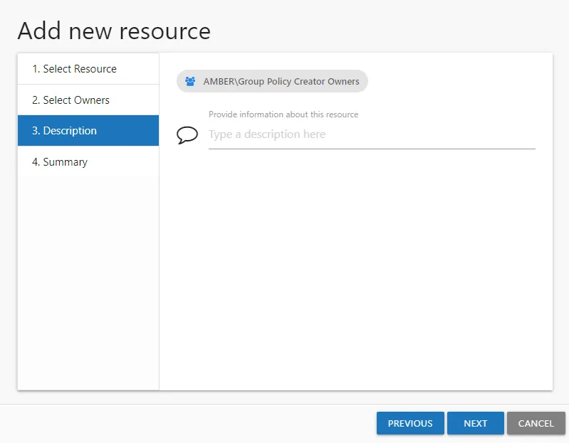 Add new resource wizard showing 3. Description page