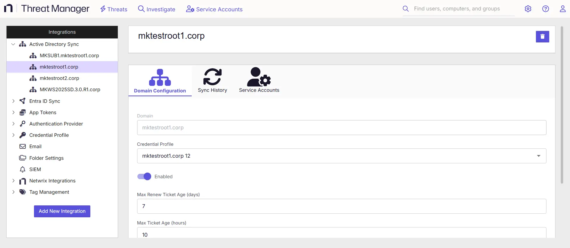 Active Directory Sync details page for a specific domain
