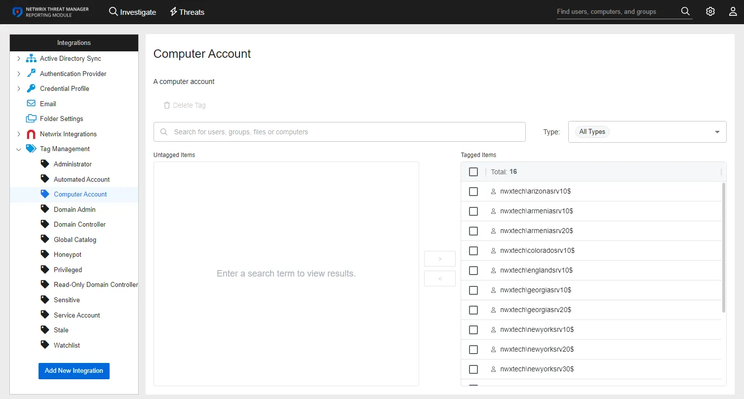 Integrations interface displaying the details for a Tag