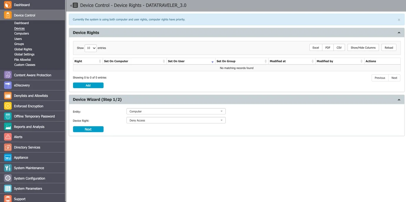 Managing device rights