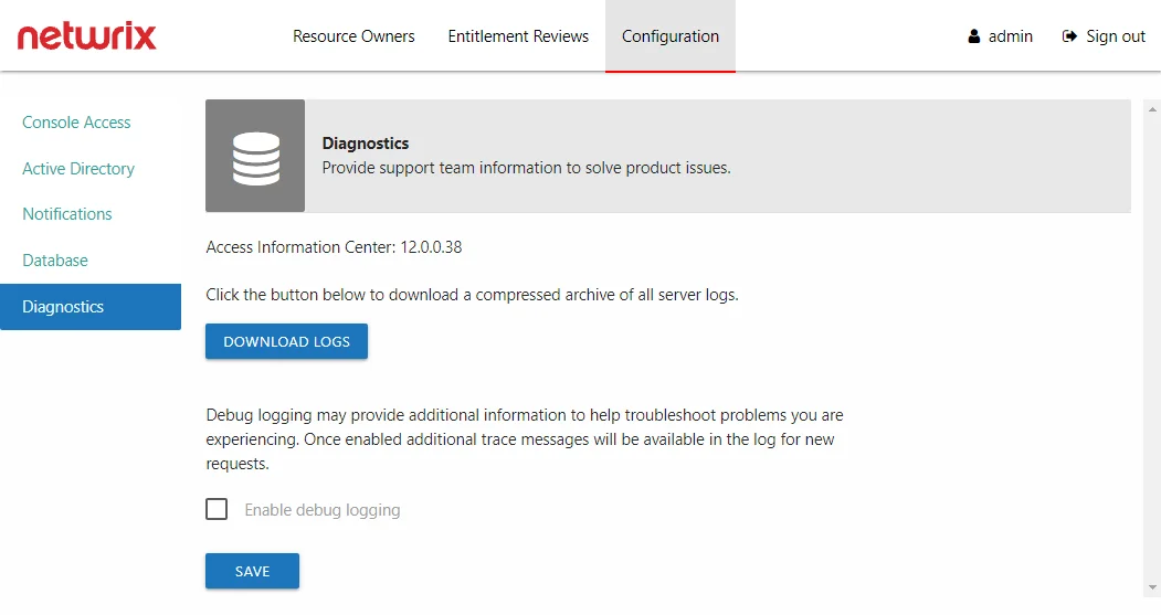 Configuration interface showing the Diagnostics page