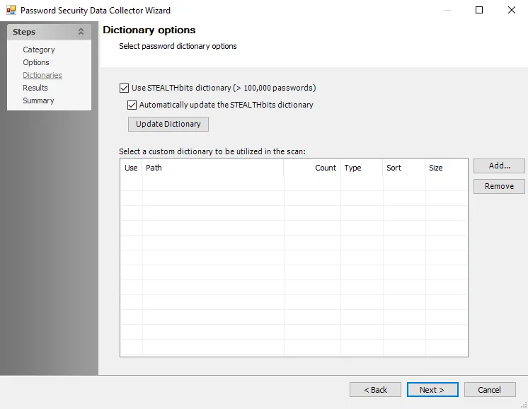 Password Security Data Collection Wizard Dictionary options page