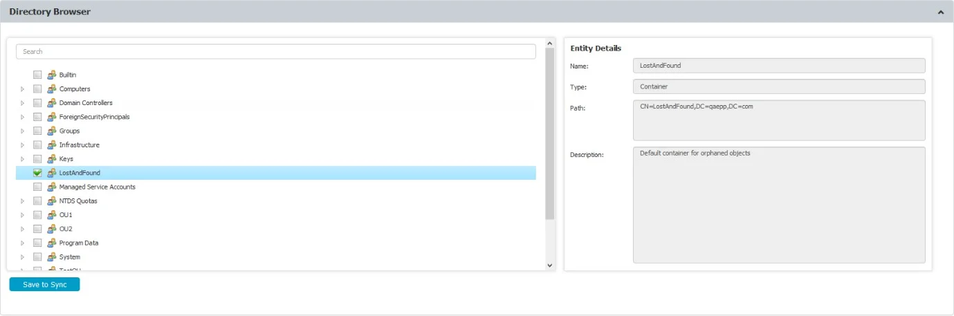 From the Directory Browser section, you can select the entities that need to be synced.