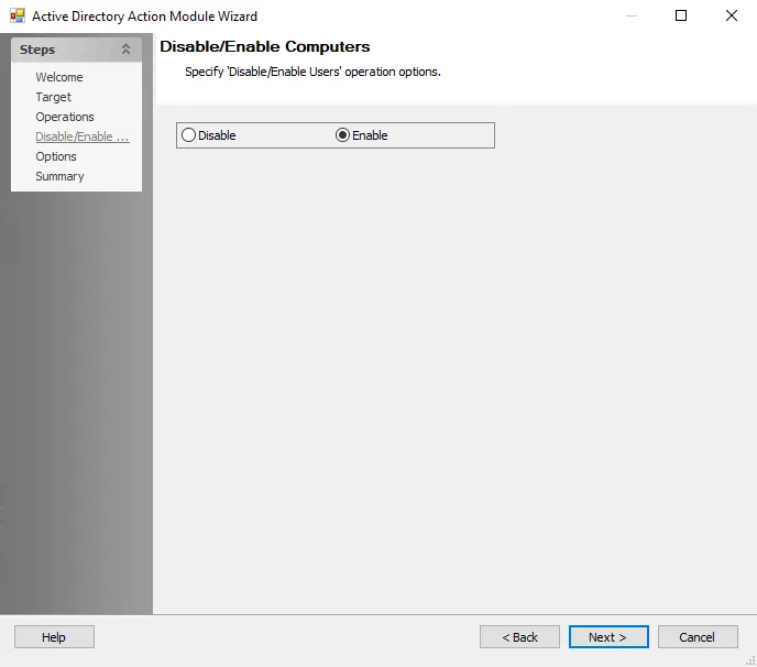Active Directory Action Module Wizard Disable/Enable Computers page