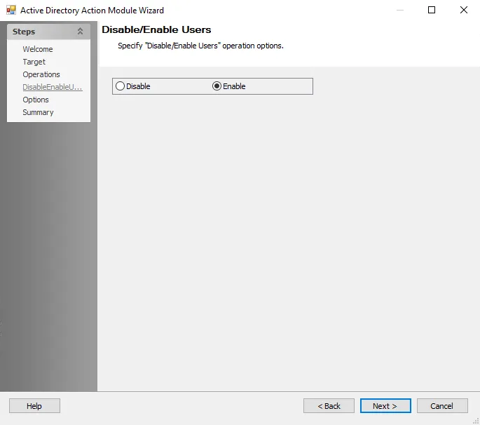 Active Directory Action Module Wizard Disable/Enable Users page